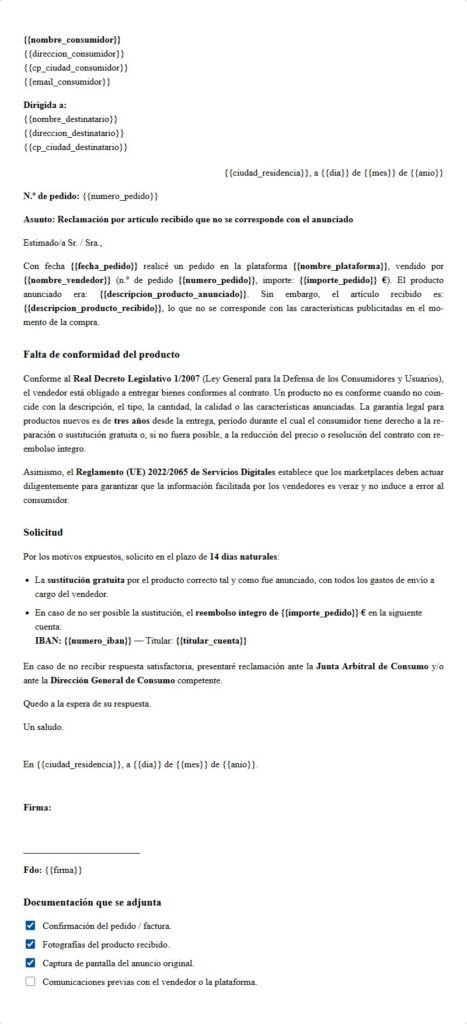 Artículo incorrecto recibido