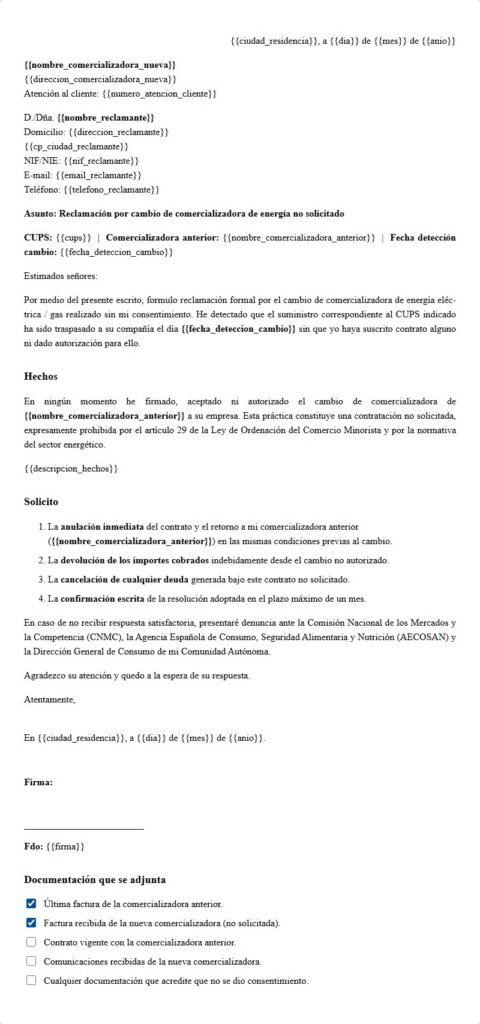 Cambio de comercializadora no solicitado