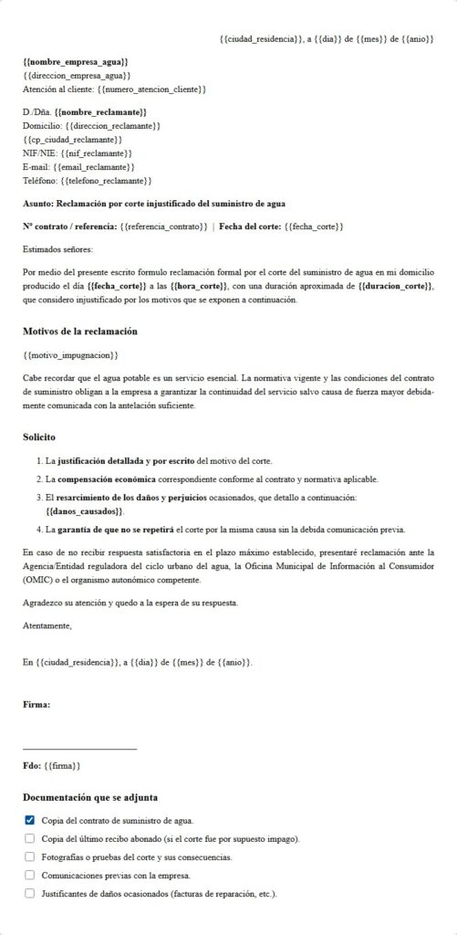 Reclamación factura de agua