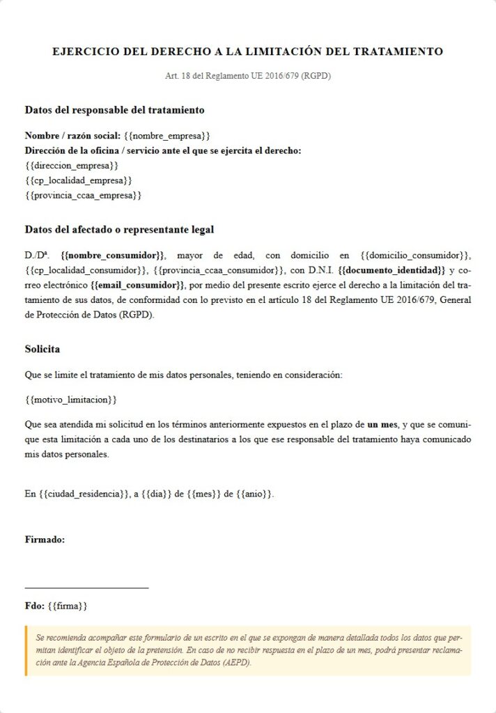 Ejercicio derecho de limitación