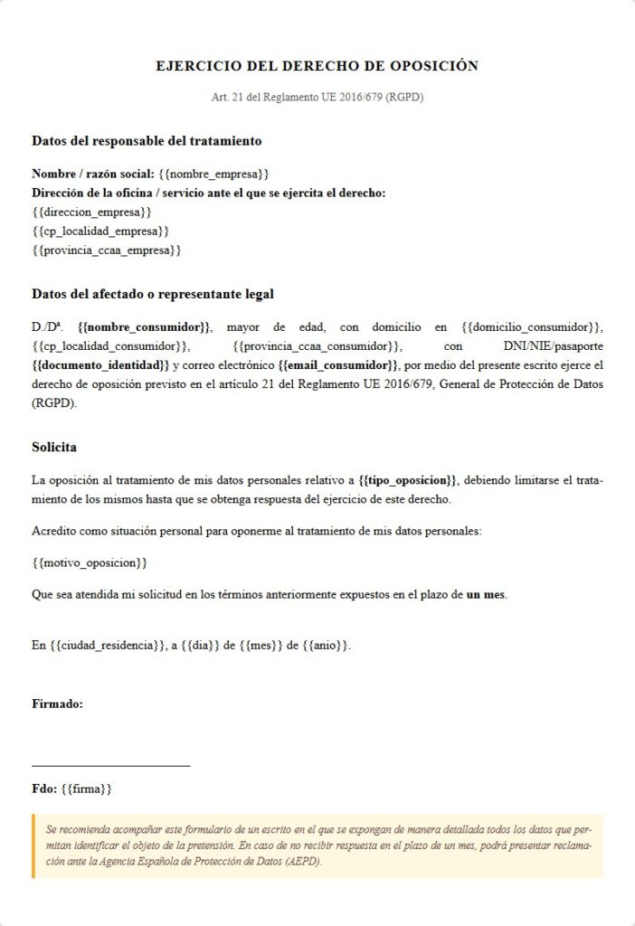 Ejercicio derecho de oposición