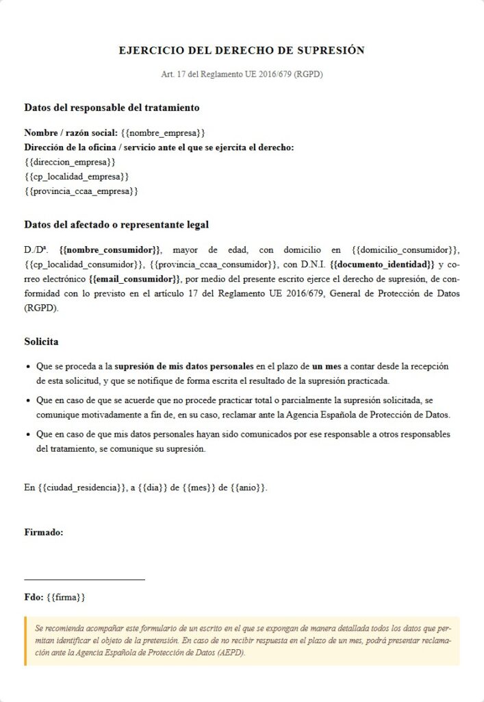 Ejercicio derecho de supresión