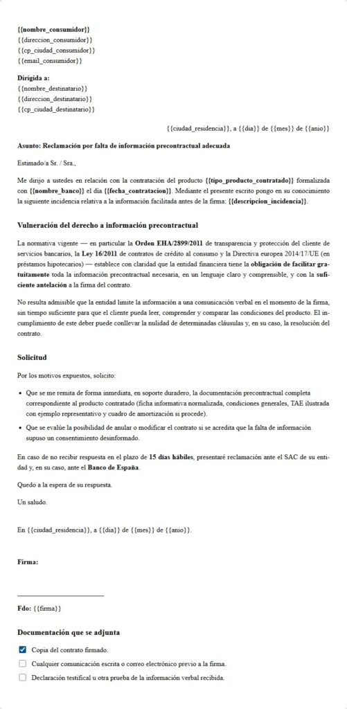 Falta de información precontractual