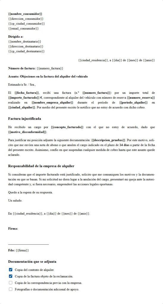 Reclamación a empresa de alquiler