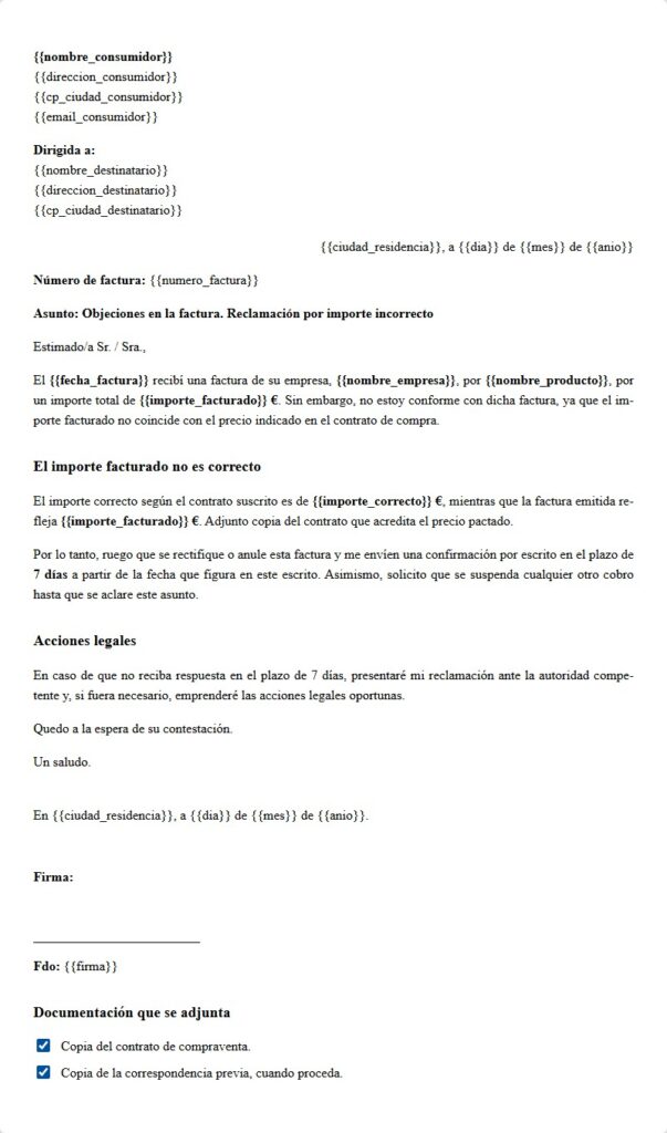 Objeción al importe facturado