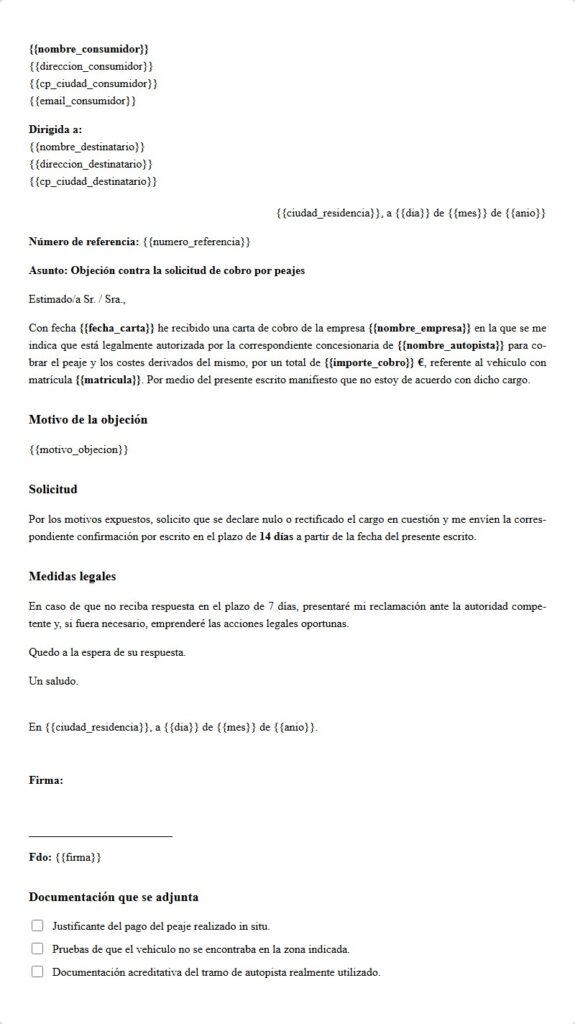 Objeción a cobro de peaje