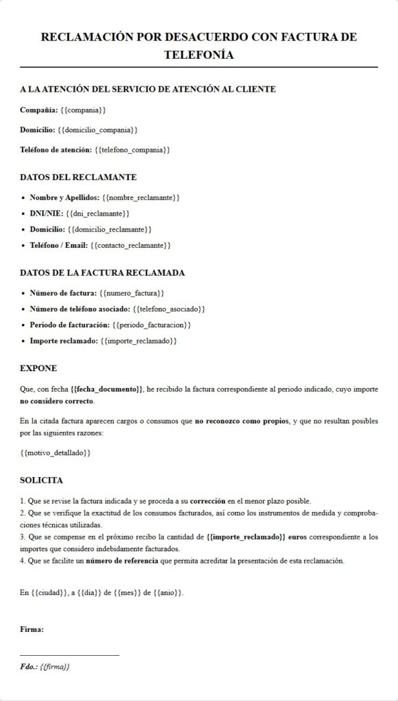 Reclamación factura de telefonía