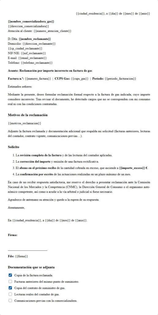 Reclamación factura de gas