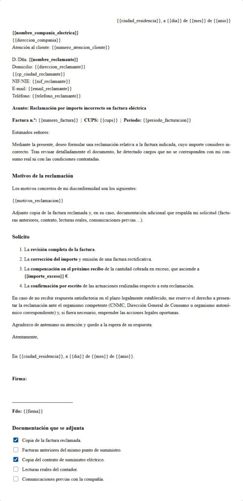 Reclamación factura de luz