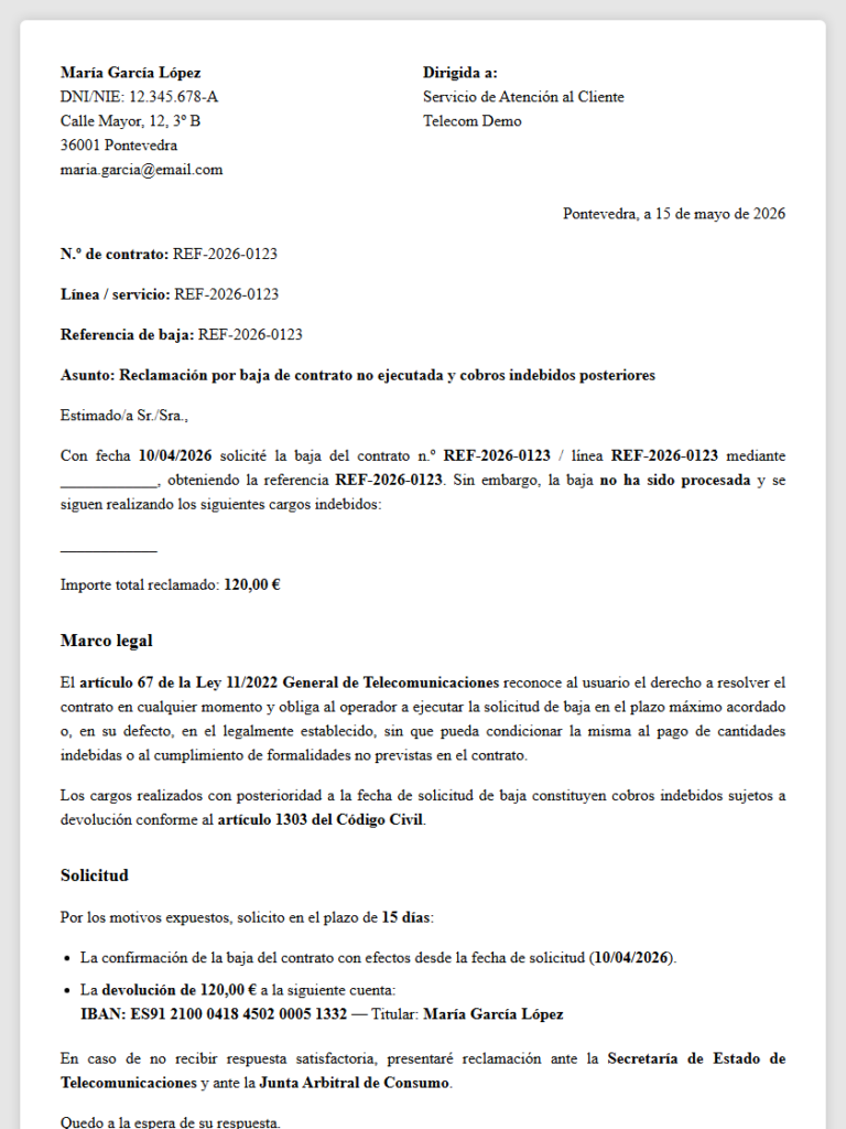 Baja de contrato no efectuada