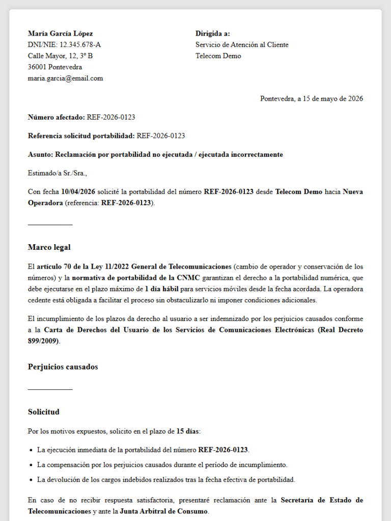 Portabilidad no ejecutada