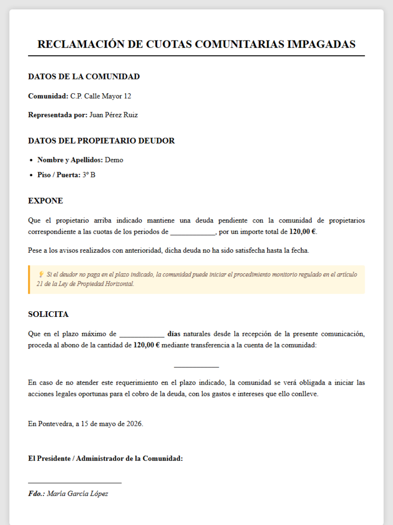 Reclamación de cuotas impagadas