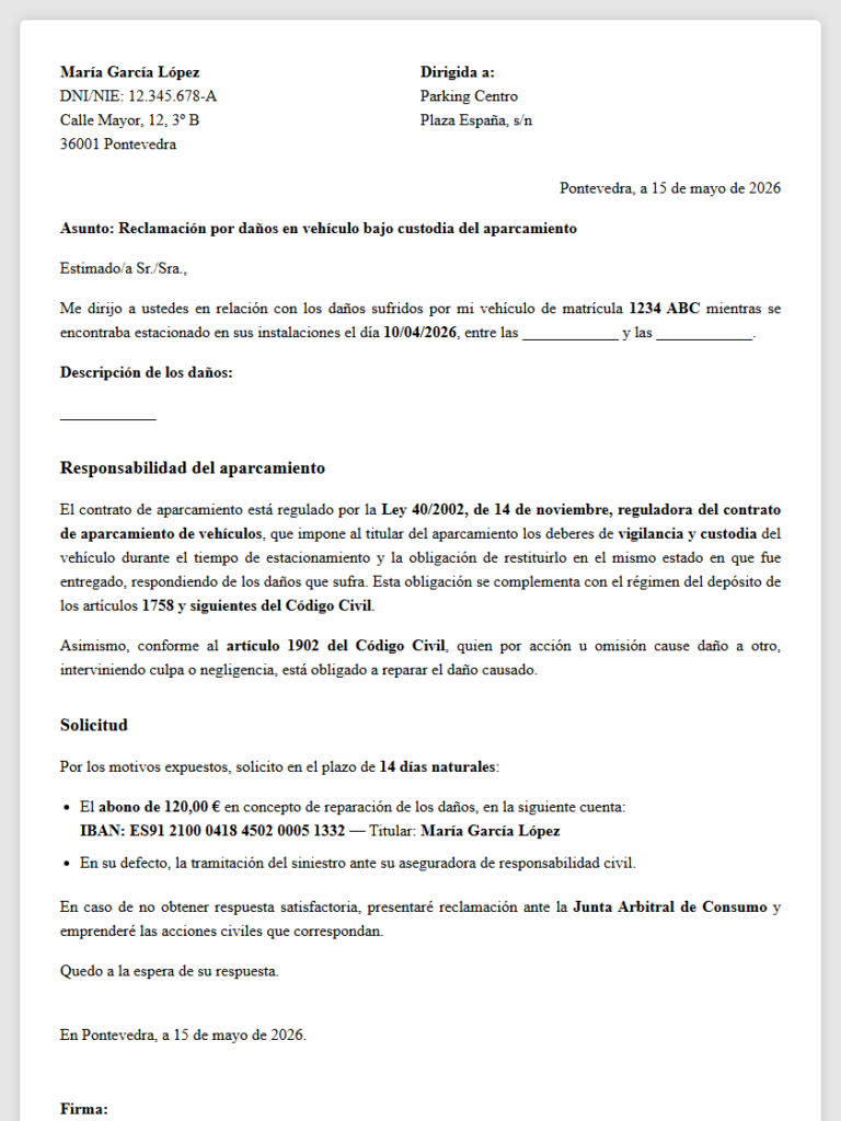 Reclamación daños aparcamiento