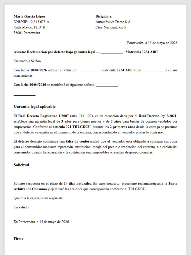 Reclamación garantía vehículo