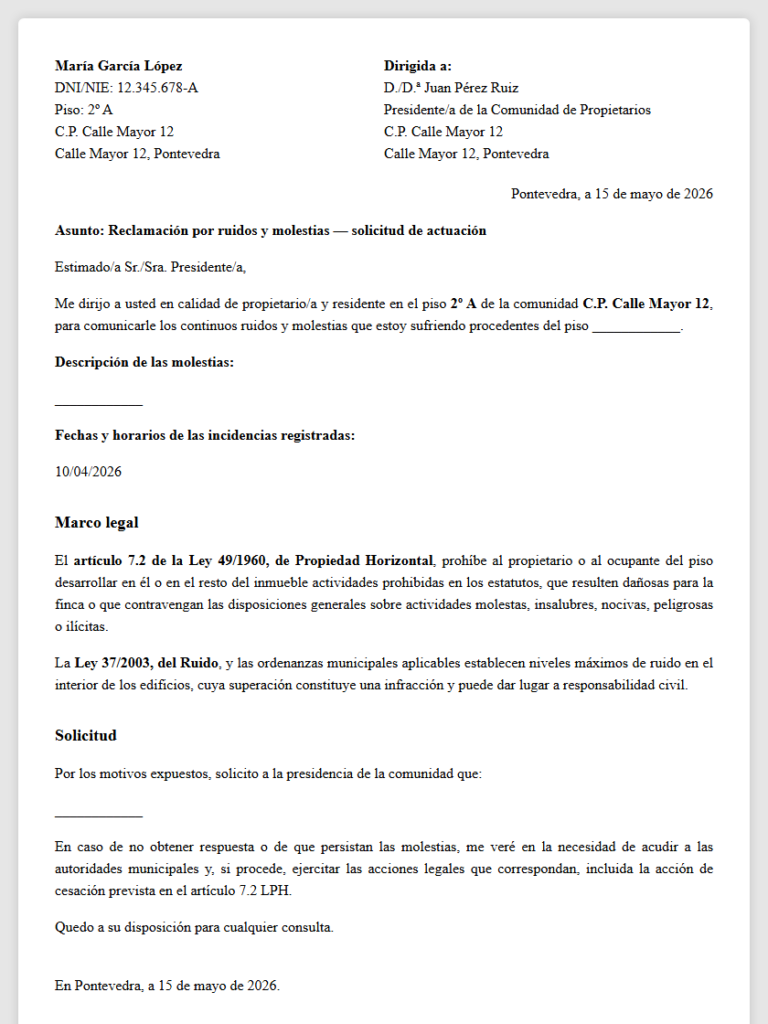 Reclamación por ruidos y molestias