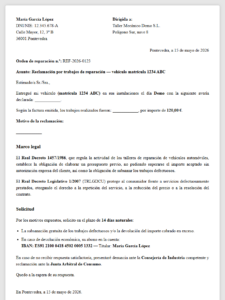 Reclamación taller mecánico