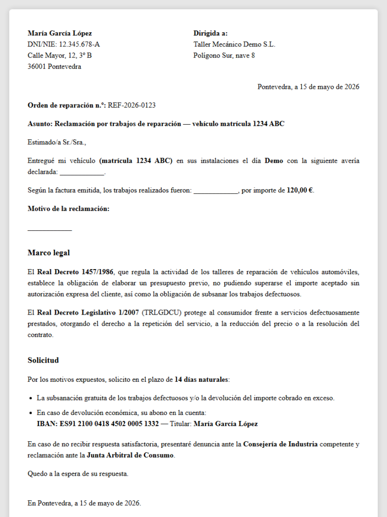 Reclamación taller mecánico
