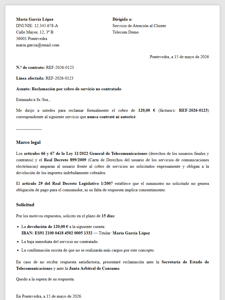 Cobro por servicio no contratado